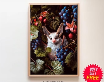 Morcego de fruta albino Dark Cottagecore Goth Print, pintura floral vintage, Dark Academia para impressão, arte de parede gótica botânica, decoração Whimsigoth