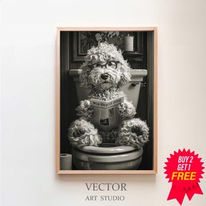 Cockapoo auf der Toilette und liest Zeitung, Badezimmer Ideen Bilder ,Funny Dog Picture, Wanddeko Bild, Eirichtung Ideen Badezimmer Poster