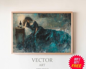 Victorian Woman Sleeping Wall Art Print Dark Academia Print Moody Dark Cottagecore AestheticGothic Home Decor Vintage Style Painting