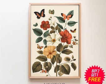 Impresión de mariposas vintage / Mariposas botánicas / Descarga digital / Decoración del hogar estilo granja / Arte de pared imprimible