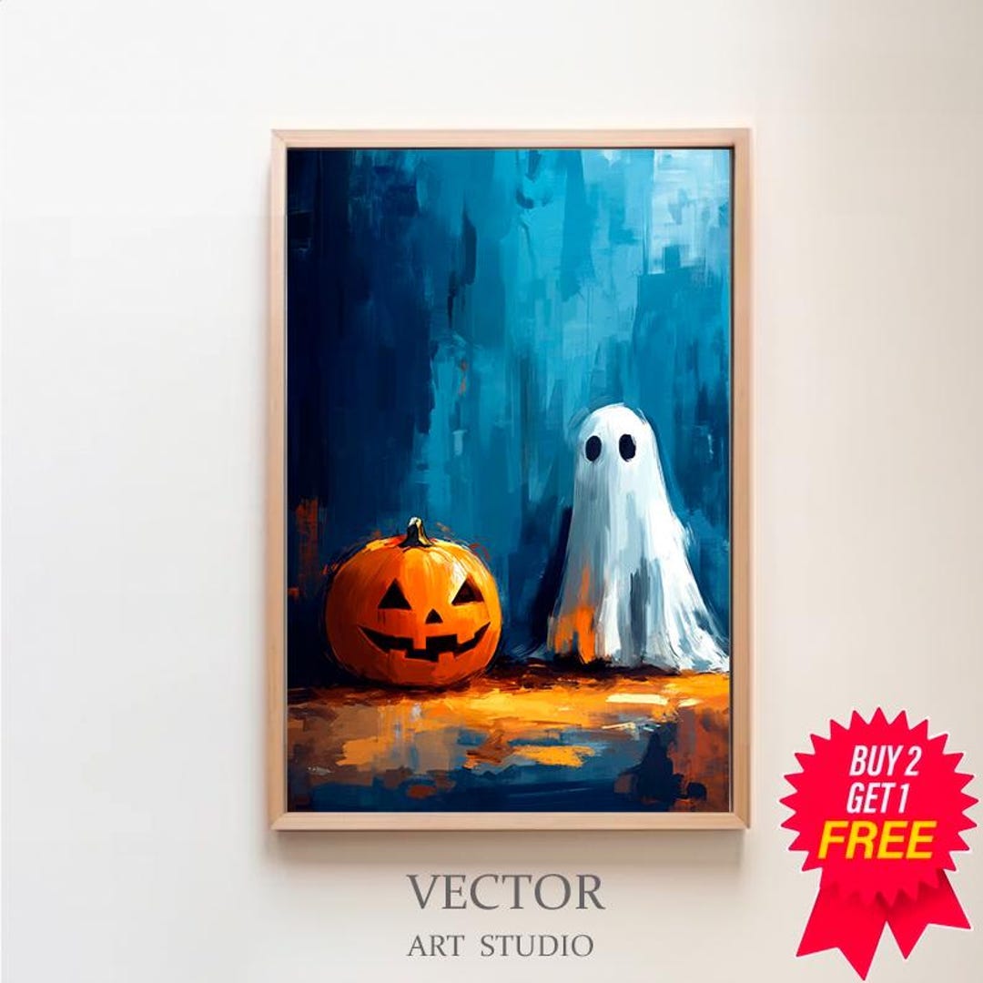 Ghost and Pumpkin Halloween Poster, Sheeted Ghost Art Print, Cute ...