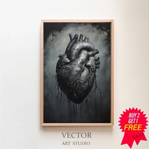 Impresión artística de corazón negro, póster vintage, impresión de póster artístico, academia oscura, gótico victoriano, corazón anatómico, descarga digital