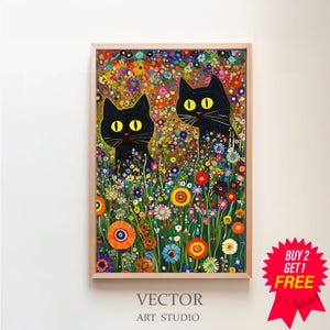 Gustav Klimt Cottage Garden Cat Print, Klimt Flowers Cat Poster, Black Cat Art, bloemenprint, grappige kat print, digitaal bestand, grappig cadeau