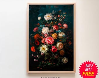Dunkle Blumenmalerei druckbare Kunst, schwermütige Blumendark Academia Wandkunstdruck, druckbare Kunst, Vintage launische Malerei Rosen Antikdruck