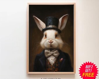 Opi Owens Rabbit Vintage Portrait, Victorian Rabbit Painting, Whimsical Animal, Dark Forest Gallery Wall, Royalcore, Regency Aesthetic