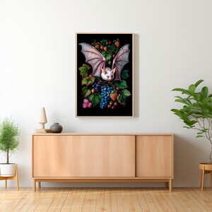 May include: A white bat with its wings spread out, surrounded by a variety of fruits and berries, including grapes, strawberries, and raspberries. The bat is perched on a branch with its head turned to the side, looking at the viewer. The background is a dark, rich green.