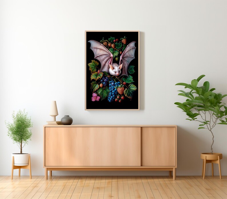 May include: A white bat with its wings spread out, surrounded by a variety of fruits and berries, including grapes, strawberries, and raspberries. The bat is perched on a branch with its head turned to the side, looking at the viewer. The background is a dark, rich green.