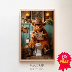 Scottish Highland Cow in Bathroom, Bathroom Humor, Funny Bathroom Print, Animal on toilet, Kids Bathroom, Whimsy Animal Art