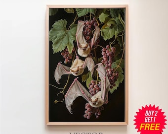 Morcegos de frutas albinos Dark Cottagecore Goth Print, pintura a óleo vintage botânica, decoração Whimsigoth, arte de parede gótica, Dark Academia para impressão