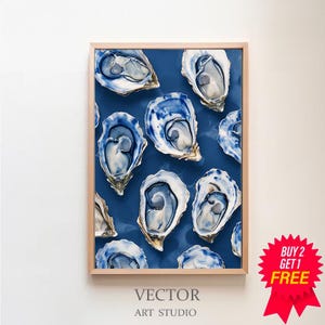 Blue Oyster Shell Painting | Abstract Coastal Beach House Wall Art | Summer Seafood Kitchen Print | Dining Room Printable Digital Download