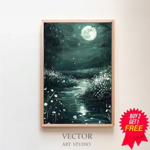 Impresión de paisaje nocturno de estilo cottagecore oscuro, arte de pared melancólico, pintura al óleo vintage con río iluminado por la luna, decoración de la academia verde, póster estético de luz de luna