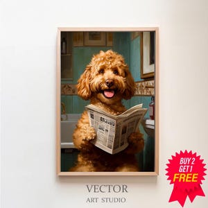 Cockapoo auf der Toilette und liest Zeitung, Badezimmer Ideen Bilder ,Funny Dog Picture, Eirichtung Ideen Badezimmer Poster, Wanddeko Bild