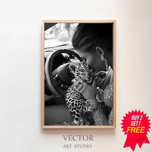 Cub in Classic Car Poster, Luxury Fashion Print, Black and White, Vintage Print, Feminist Poster, Printable Wall Art, Teen Girl Room Decor
