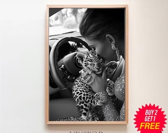 Cub in Classic Car Poster, Luxury Fashion Print, Black and White, Vintage Print, Feminist Poster, Printable Wall Art, Teen Girl Room Decor
