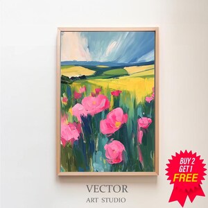 California Poppy Field Painting | Wildflower Landscape Wall Art Print | Flower Meadow Printable | Colorful Floral Scenery Digital Download