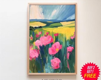 California Poppy Field Painting | Wildflower Landscape Wall Art Print | Flower Meadow Printable | Colorful Floral Scenery Digital Download