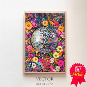 Printable Wall Art, Disco Ball Maximalist Oil Painting, Living Room Colorful Trendy Kitsch Pink Print, Vivid Bold Dopamine Botanical Picture