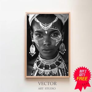 Tribal, Ethnic decoration, Artwork print, Lady art, African woman art, Black and white poster, Printable wall art, Digital wall art