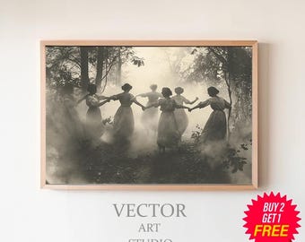 Circle Of Dancing Witches, Vintage Photography, Dark, Occult Poster, Gothic Home Decor, Witchcraft, Witch Print, Gothic Art, Wiccan Art