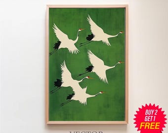 Kraniche im Flug auf Smaragdgrün, Japandi digitaler Download, Smaragdkunst, Japandi Dekor, Boho Vogel Kunst, grüne Kunst, Kranich Wandkunst