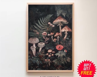 Botanical Mushrooms Dark Cottagecore Print, Moody Wall Art, Vintage Poster Green Witch Decor, Forest Ferns Printable, Goblincore Aesthetic