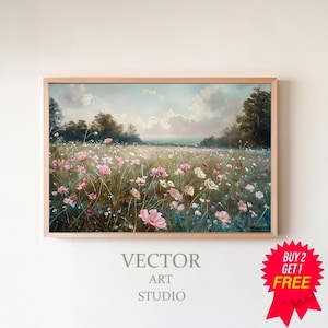 Samsung FRAME TV art Rosa Wildblumen, Frühling Feld der Blumen TV Kunst, Cottagecore TV Kunst Download, Vintage Wiese florale TV Kunst