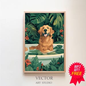 Golden Retriever Wall Art, Boho Jungle Bathtub Print, Maximalist Botanical Decor, Eclectic Tropical Poster, DIGITAL, Cute Dog Mom Owner Gift
