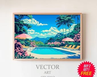 Arte imprimible con ambiente de piscina vintage / Pintura de piscina / Impresión retro de piscina de Palm Springs / Archivo de arte digital de verano retro