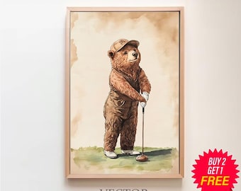 Bear Playing Golf Art Print, Nursery Golf Theme Decor by Bespoke Littles, Digital Download