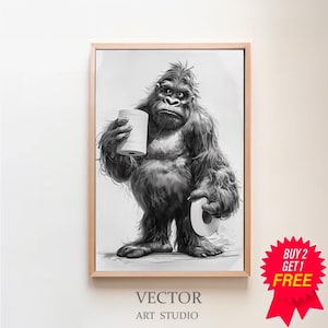 Big foot Sasquatch Bathroom Wall Art, Decor Bathroom Art for Kids, Minimalist Print Bigfoot with toilet paper, Mancave Art, Gift for him