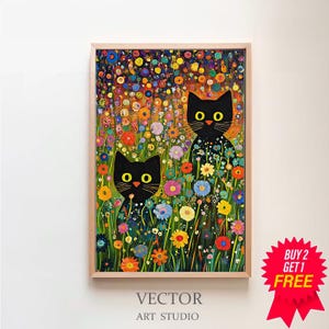 Gustav Klimt Cottage Garden Cat Print, Klimt Flowers Cat Poster, Black Cat Art, bloemenprint, grappige kat print, digitaal bestand, grappig cadeau