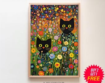 クリムトのガーデンキャットアートプリント：面白い黒猫の花柄ウォール