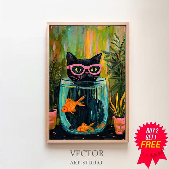 マティスの金魚と猫のポスター、印刷可能なマティス、黒猫の絵画、黒猫