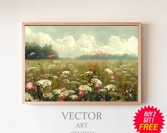 印刷可能なピンクの野花の壁アート、ヴィンテージの絵画の花畑の