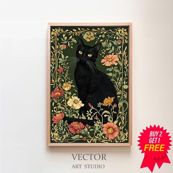 William Morris, Black Cat Botanical Stained Glass Wall Art Print