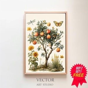 May include: A framed art print featuring a watercolor illustration of a fruit tree laden with peaches, sunflowers, and a butterfly. The artwork includes a dragonfly and the text "VECTOR ART STUDIO". The frame is a light brown color.
