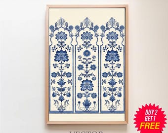 Vintage Tapestry Wall Art Print, Indian Scarf Art Print, Blue Floral Textile Wall Hanging, Textile Embroidery Art, Artful Pattern Printable