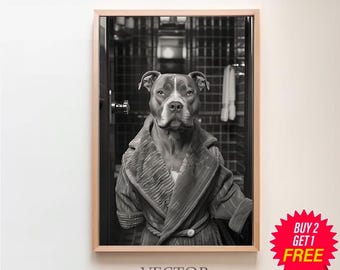 シャワー室から覗くバスローブ姿のピットブル、ピットブルアート、子供用バスルームアート、バスルームアート、デジタルダウンロード、面白いバスルーム壁装飾
