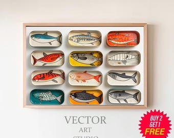 Horizontal Sardine Set Print, Kitchen Wall Art, Sardines Tin Print, Dining Room Decor, Retro Food Art, Anchovy Print, Retro Kitchen Decor