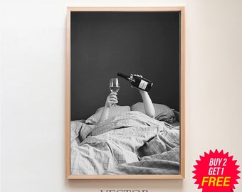 Woman Drinking Wine in Bed Print, Teen Girl Room Decor, Feminist Poster, Black and White, Alcohol Wall Art, Bar Cart Print, Digital Download