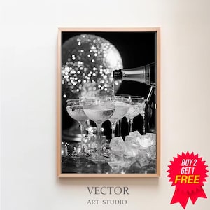 Champagne Flutes & Disco Ball Poster, Black and White, Bar Cart Print, Cocktail Wall Art, Alcohol Print, Printable, Bachelorette Party Decor