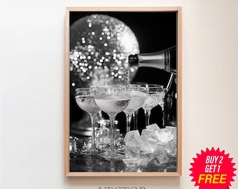 Champagne Flutes & Disco Ball Poster, Black and White, Bar Cart Print, Cocktail Wall Art, Alcohol Print, Printable, Bachelorette Party Decor