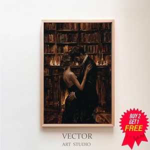 Lovers in Library Art Painting, Couple Art Printable, Dark Academia Print, Dark Oil Painting, Gothic Decor for Book Lovers, Moody Wall Art