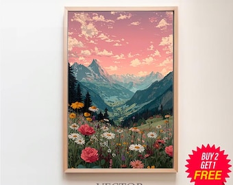 Maximalist Abstract Landscape Print | Mountain Scenery Floral Botanical | Colorful Landscape Wall Decor