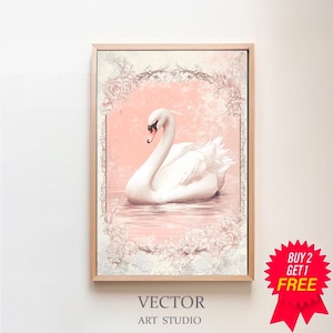 May include: A white swan with its head turned to the side, floating on a pink and white water surface. The swan is surrounded by a delicate floral border in shades of pink and white. The background is a soft pink with a subtle textured effect.