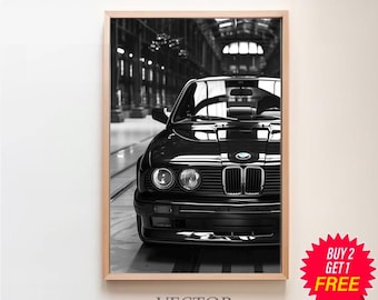BMW E30 Plakat, Vintage BMW Druck, Oldtimer-Plakat, Oldtimer-Plakat, Sportwagen-Druck, BMW Wanddekor, Schwarzweiß-Auto-Plakat