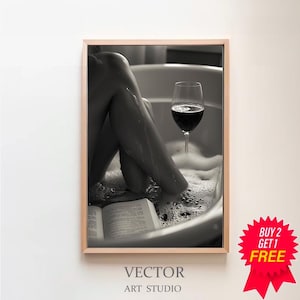 Woman Drinking Wine & Reading in Bathtub Print, Feminist Poster, Black and White, Cocktail Wall Art, Digital Download, Girls Bathroom Decor