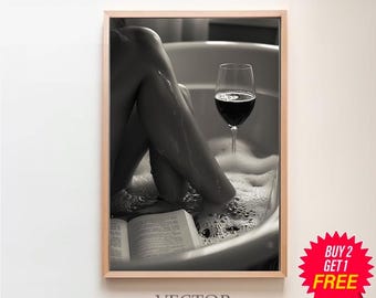 Woman Drinking Wine & Reading in Bathtub Print, Feminist Poster, Black and White, Cocktail Wall Art, Digital Download, Girls Bathroom Decor