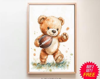 Teddy Bear Playing Football Art Print Football Nursery Bear Art Kids Room Art by Bespoke Littles Nursery Football Decor Nursery Sports Art