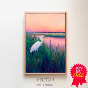 White Heron at Sunset Painting | Egret Shore Bird Wall Art Print | Pastel Summer Marsh Printable | Coastal Beach House Digital Download